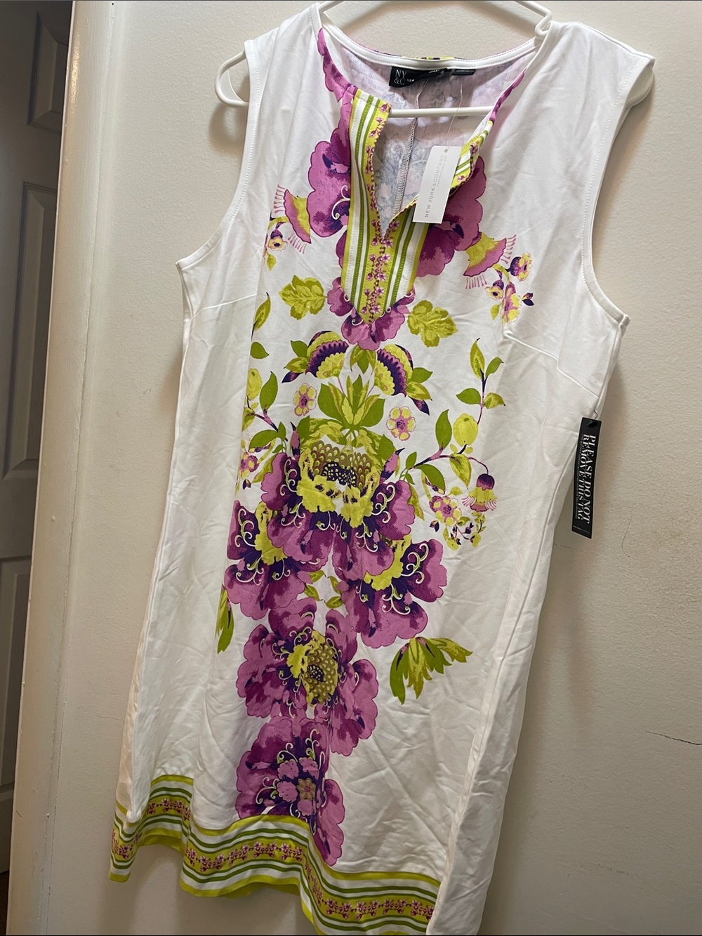 NY Collection White Sleeveless Tunic with Purple & Lime Floral Print